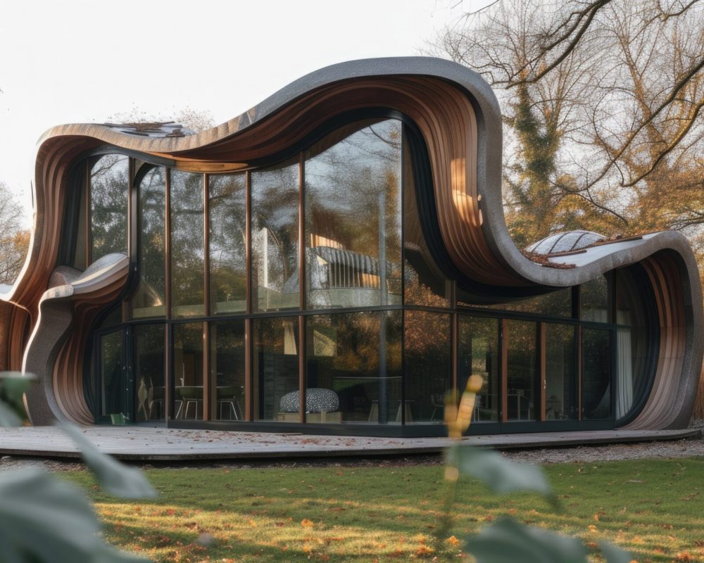 contemporary timber frame house in the yard, in the style of glazed earthenware, dark silver and light brown, shallow depth of field, uhd image, thomas heatherwick, tranquil serenity, windows vista --ar 2:1 --v 6 Job ID: 378cd9d5-91f1-4cea-8d5d-df59b1e57848